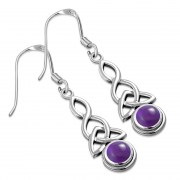 Long Amethyst Stone Trinity Knot Sterling Silver Earrings - e301